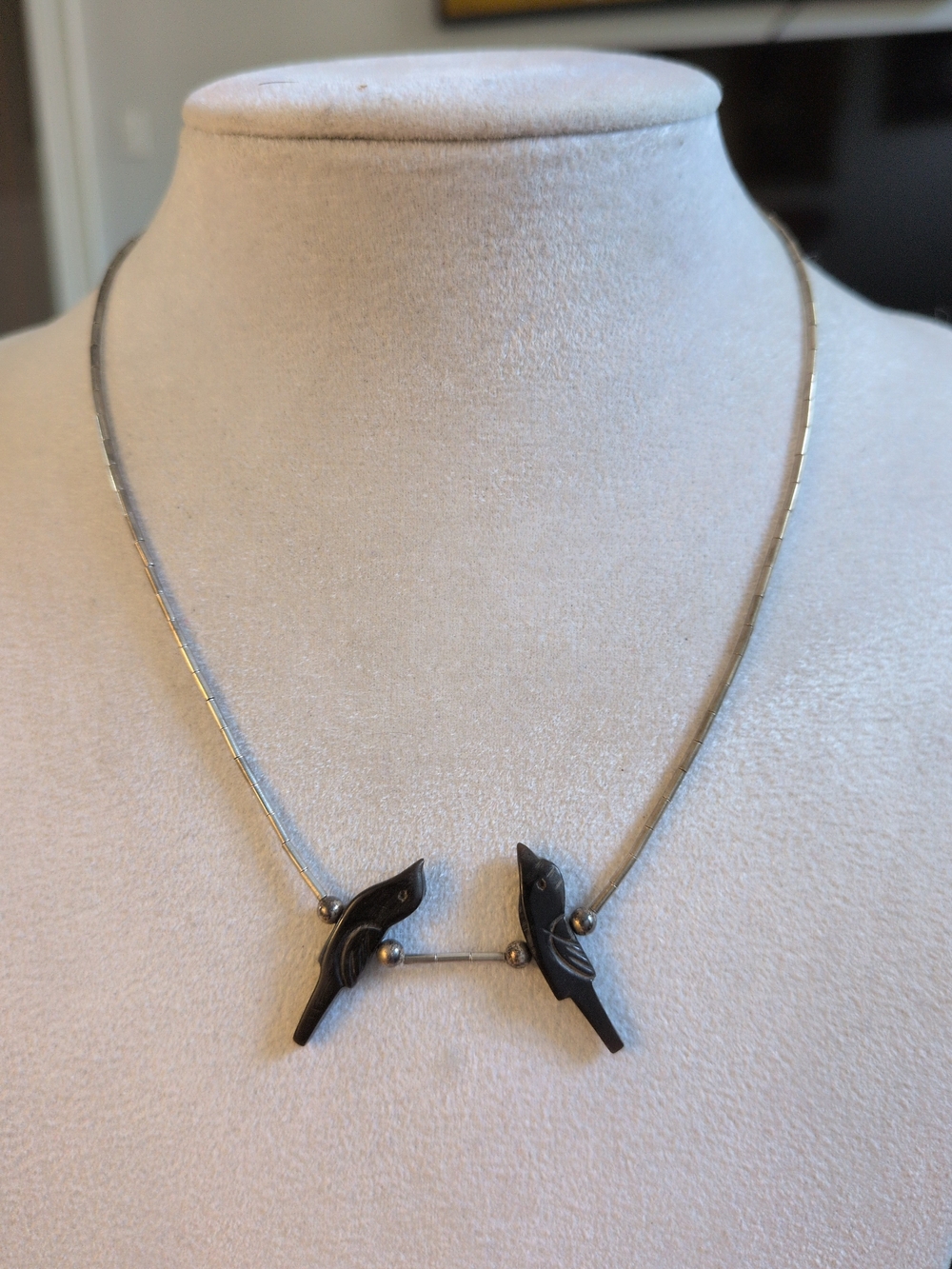 Bird Fetish Jet Pendant Necklace - Women's Silver Chain